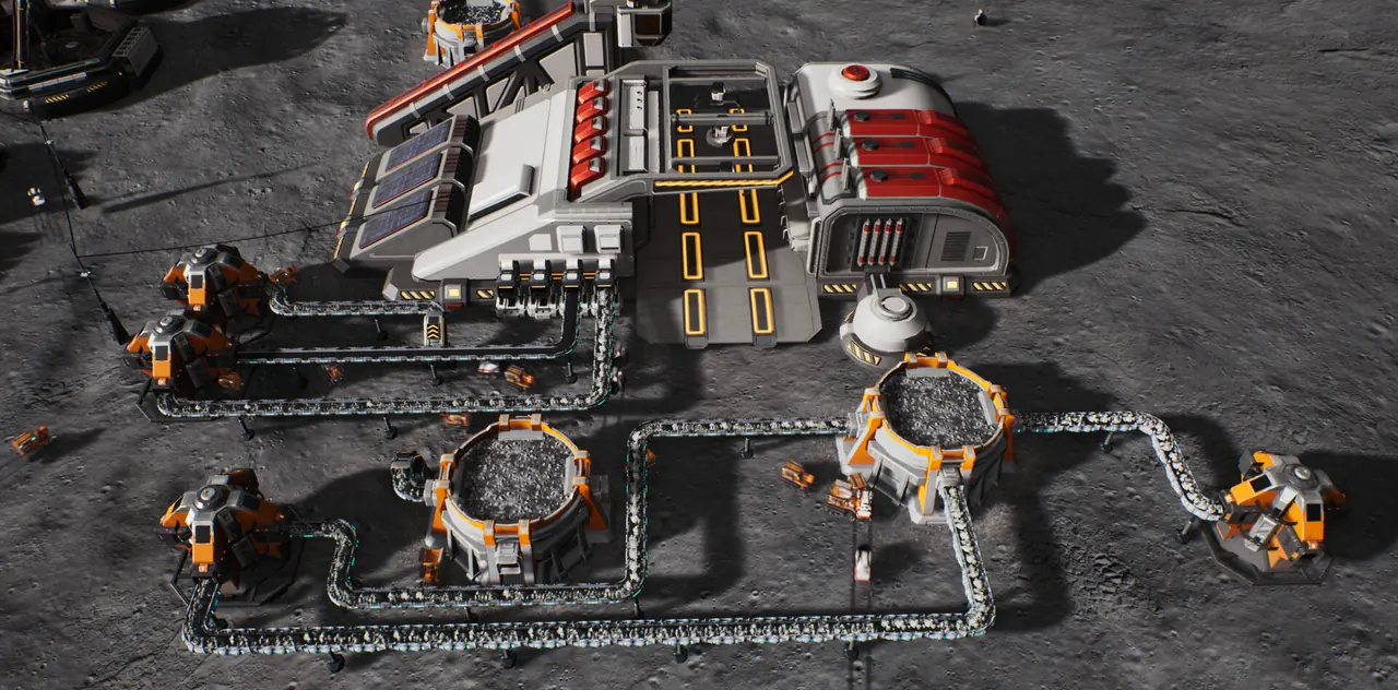 Official screenshot of a lunar mining site with an excavator, conveyor lines and a landing pad